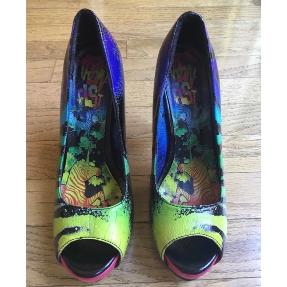 Iron Fist Size 6 Rainbow Zebra Peep Toe Heels - Picture 5 of 8